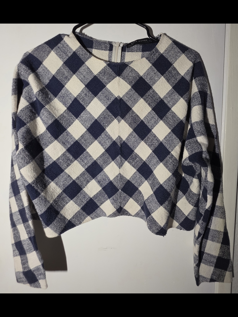 Zara Navy and Cream Check Cropped Sweatshirt
